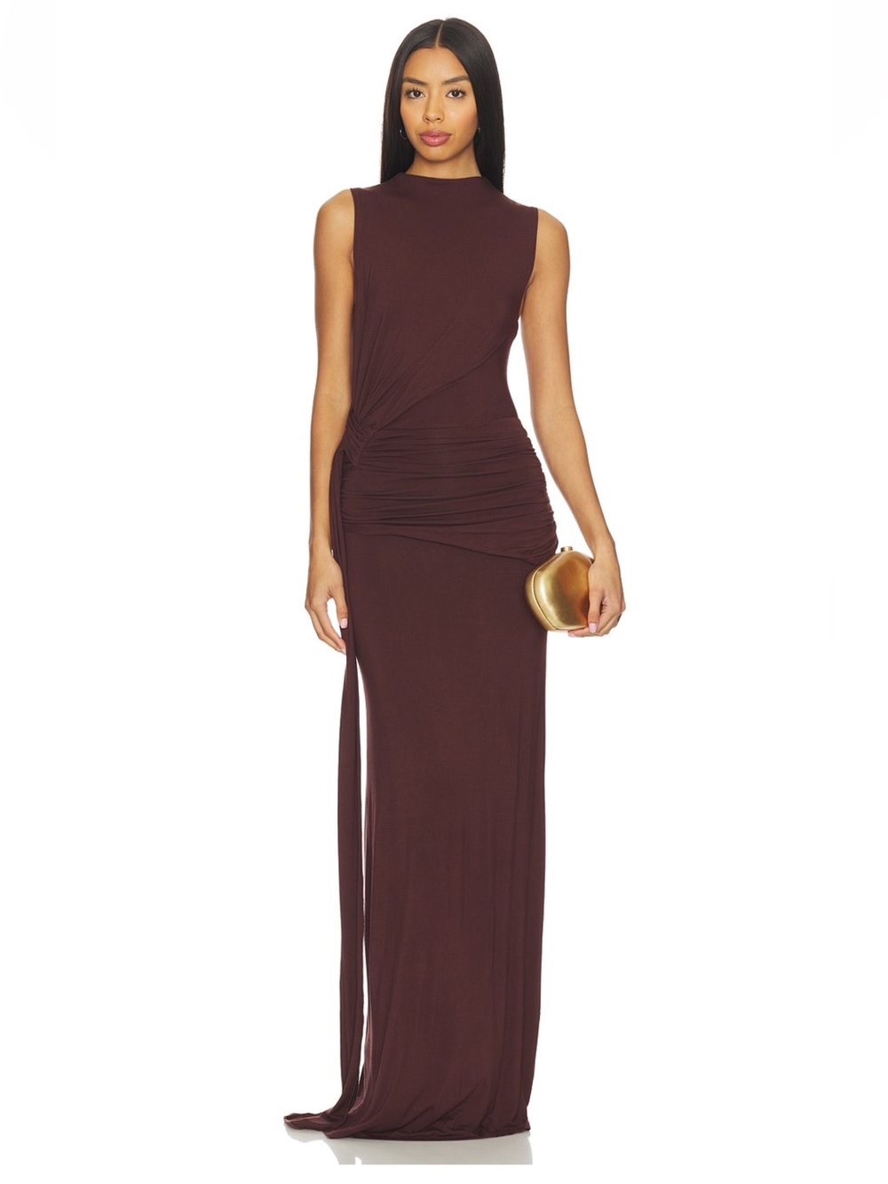 Sleeveless Ruched Maxi Dress in Chocolate Brown